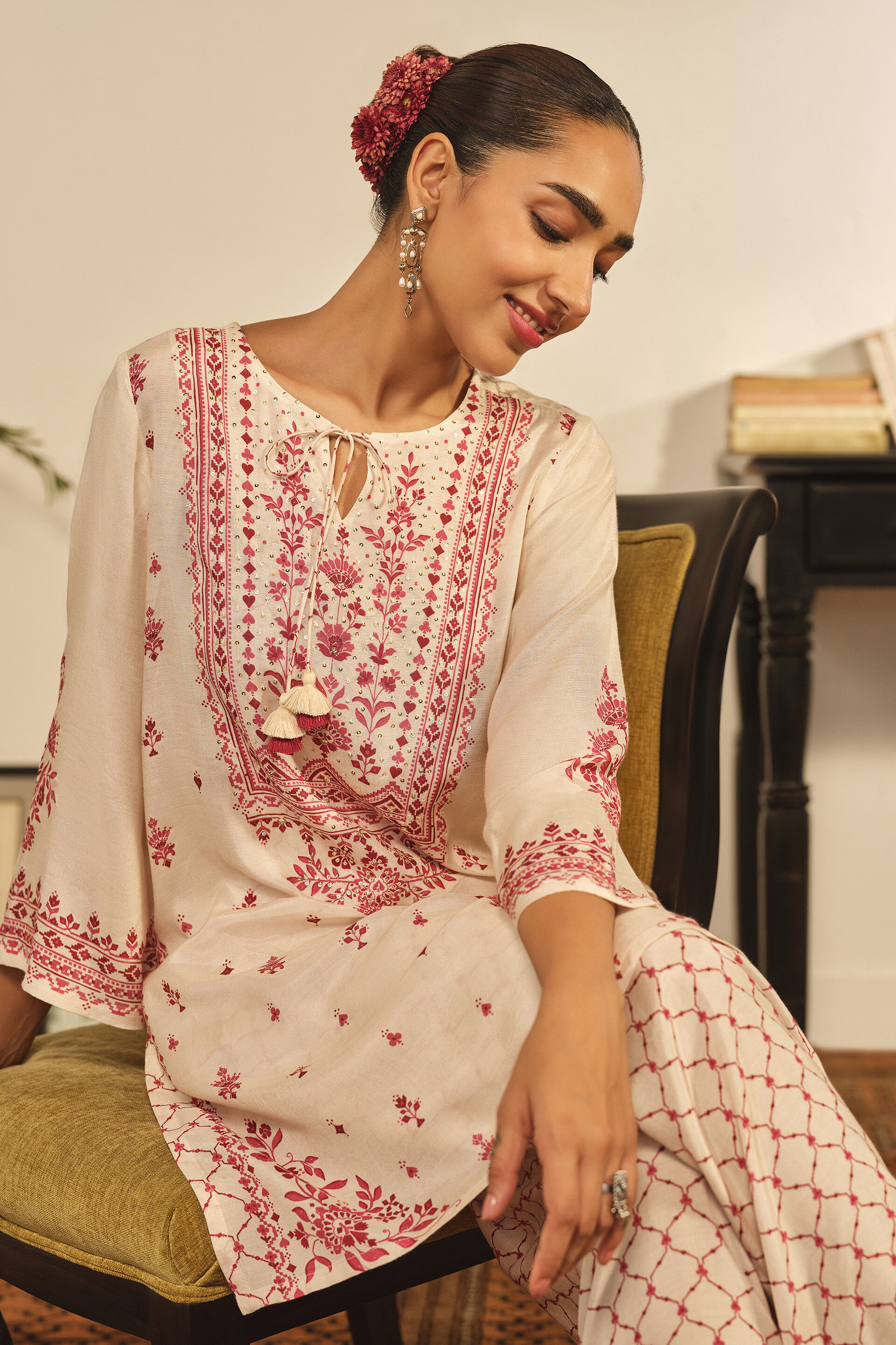 Printed Kurta Set in White, White, image 2